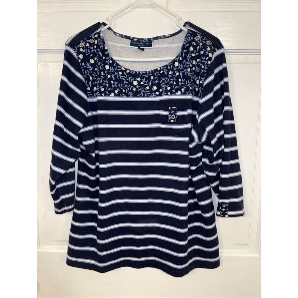 Karen Scott Womens Blue Floral Striped 3/4 Sleeve T-Shirt Top Plus Size 0X